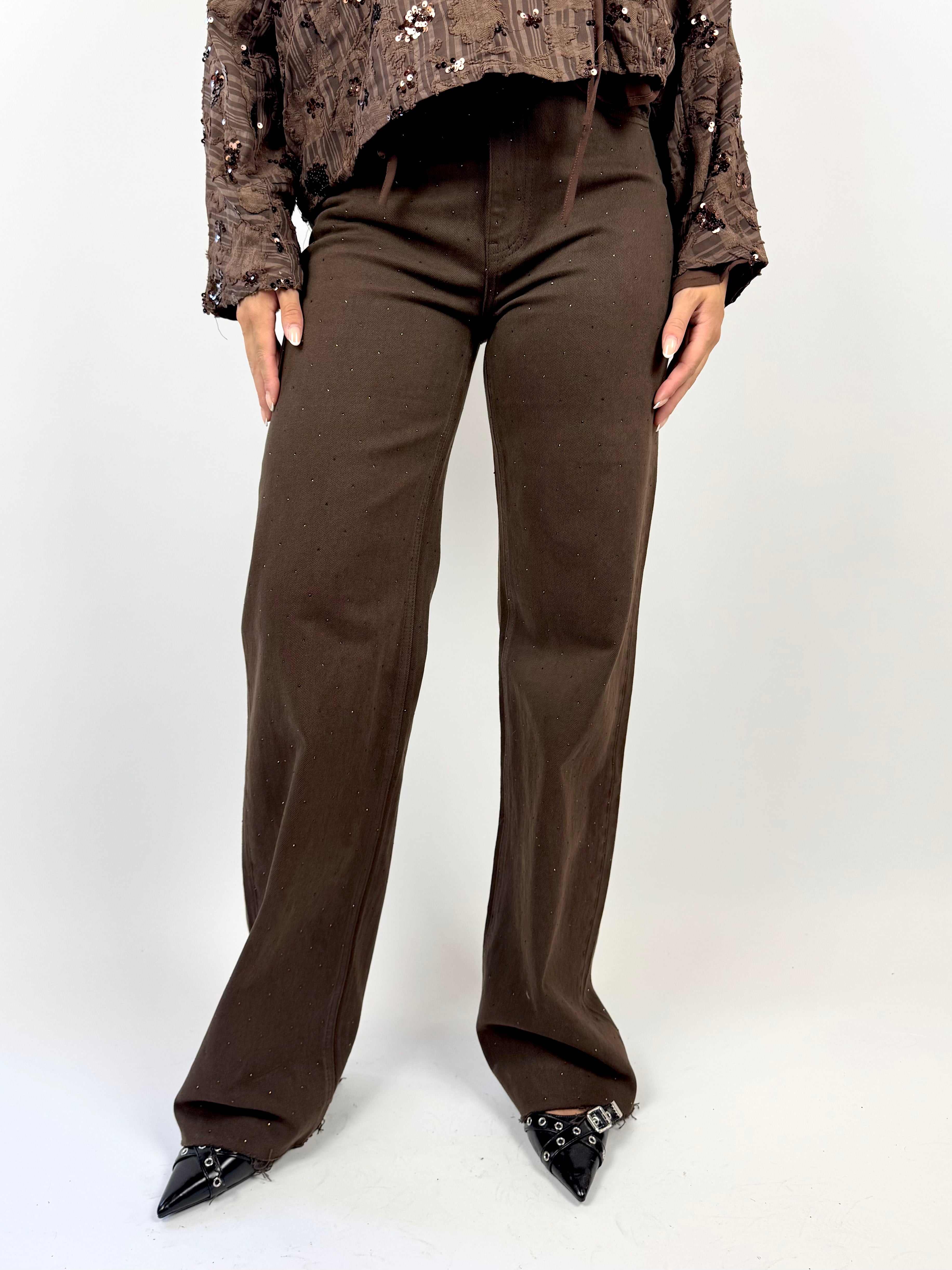 Wide leg jeans bruin strass tall